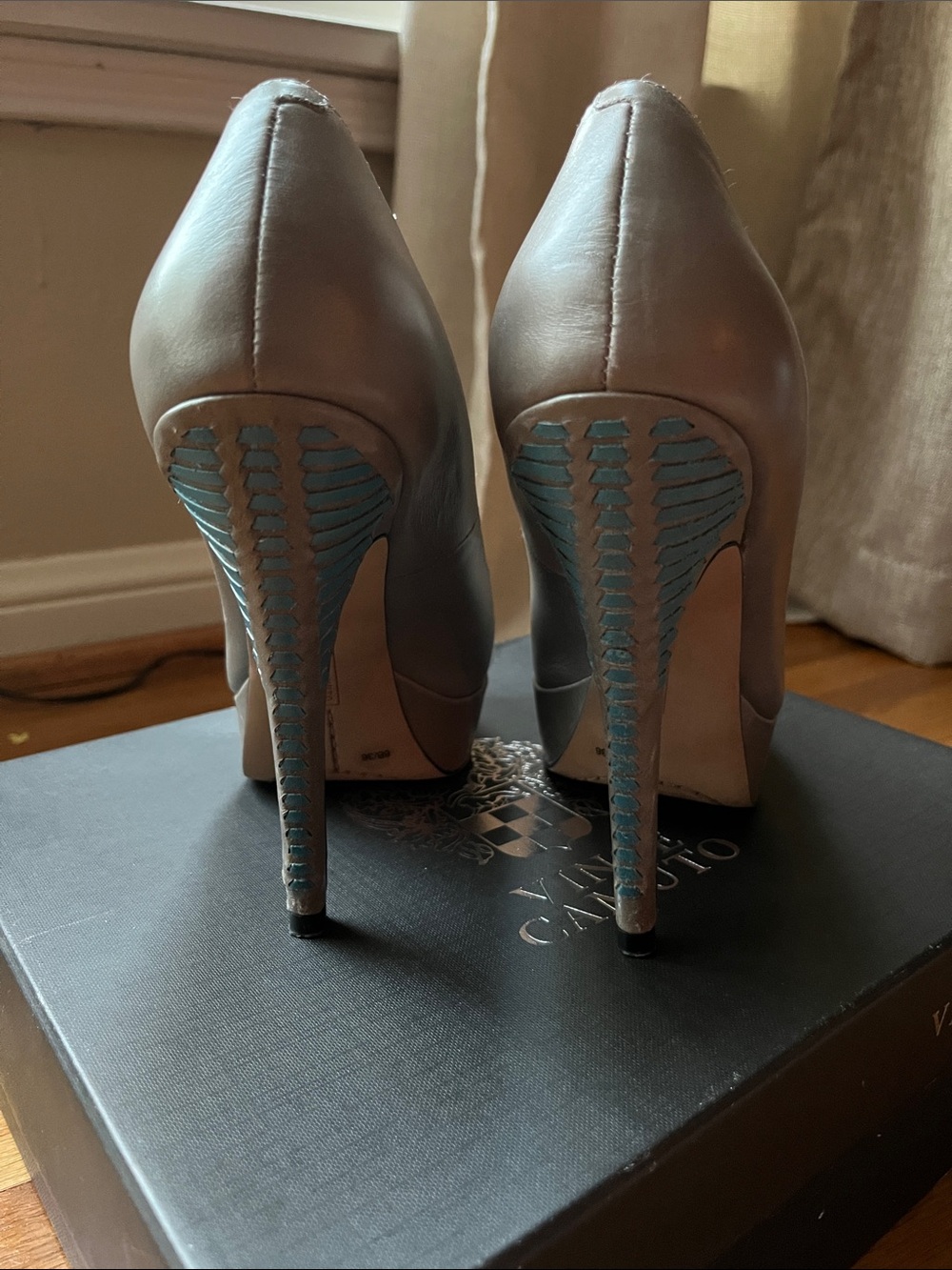 Vince Camuto Leather Taupe Pumps with Blue-Textured Heels
